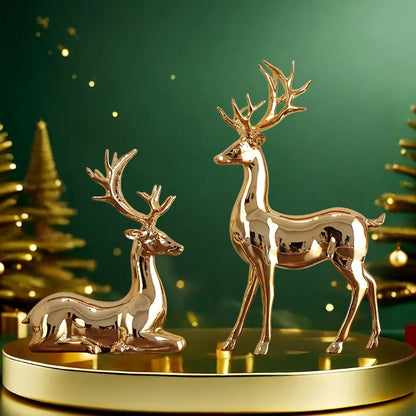 Nordic Christmas Deer Resin Statue Set – Electroplated Double Reindeer Home & Office Desktop Decoration