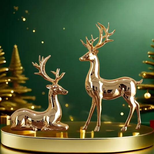 Nordic Christmas Deer Resin Statue Set – Electroplated Double Reindeer Home & Office Desktop Decoration