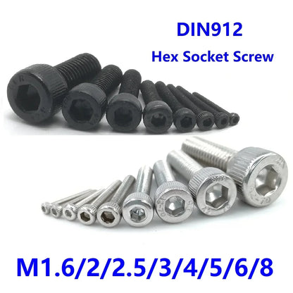 Stainless Steel Hex Socket Screws - DIN912 M1.6 M2 M2.5 M3 M4 M5 M6 M8 Grade 12.9 Black Allen Head Cap Bolts 5/100pcs