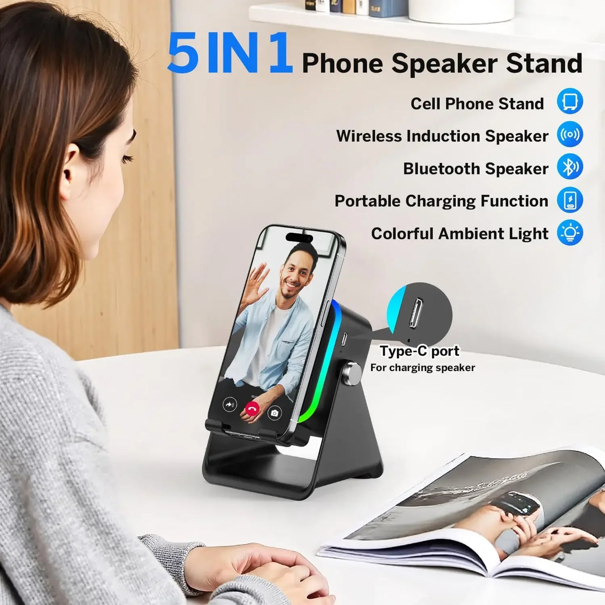 5-in-1 Wireless Charging Speaker Phone Holder - HiFi Bluetooth Desktop Stand with 8 RGB Modes