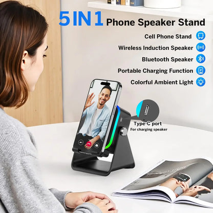 5-in-1 Wireless Charging Speaker Phone Holder - HiFi Bluetooth Desktop Stand with 8 RGB Modes
