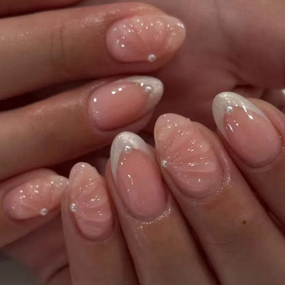24pcs Short Oval 3D Gel Nail Stickers - Pearl Flower French Acrylic Press-On Nails for Easy Nail Art
