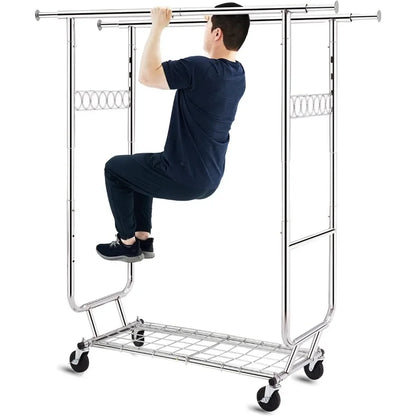 Double Clothing Garment Rack with Shelves – Rolling Clothes Rack on Wheels, 600LBS Capacity for Hanging Clothes