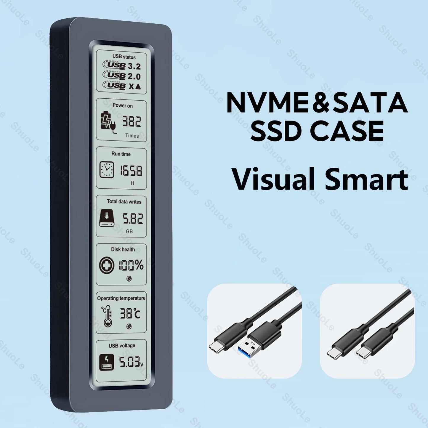 M.2 NVMe SATA SSD Enclosure – Smart Visual Case, USB 3.2 Gen 2, 10Gbps, PCI-E 20Gbps Speed