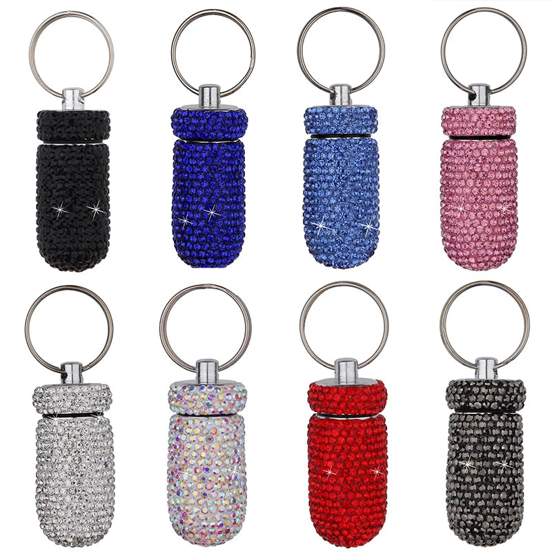 Sparkling Rhinestone Mini Pill Case - Portable Aluminum Alloy Medicine Organizer & Storage Bottle