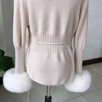 Women’s Spring & Autumn Sweater Cardigan – Real Fox Fur Collar Jacket, Natural Fur Outerwear
