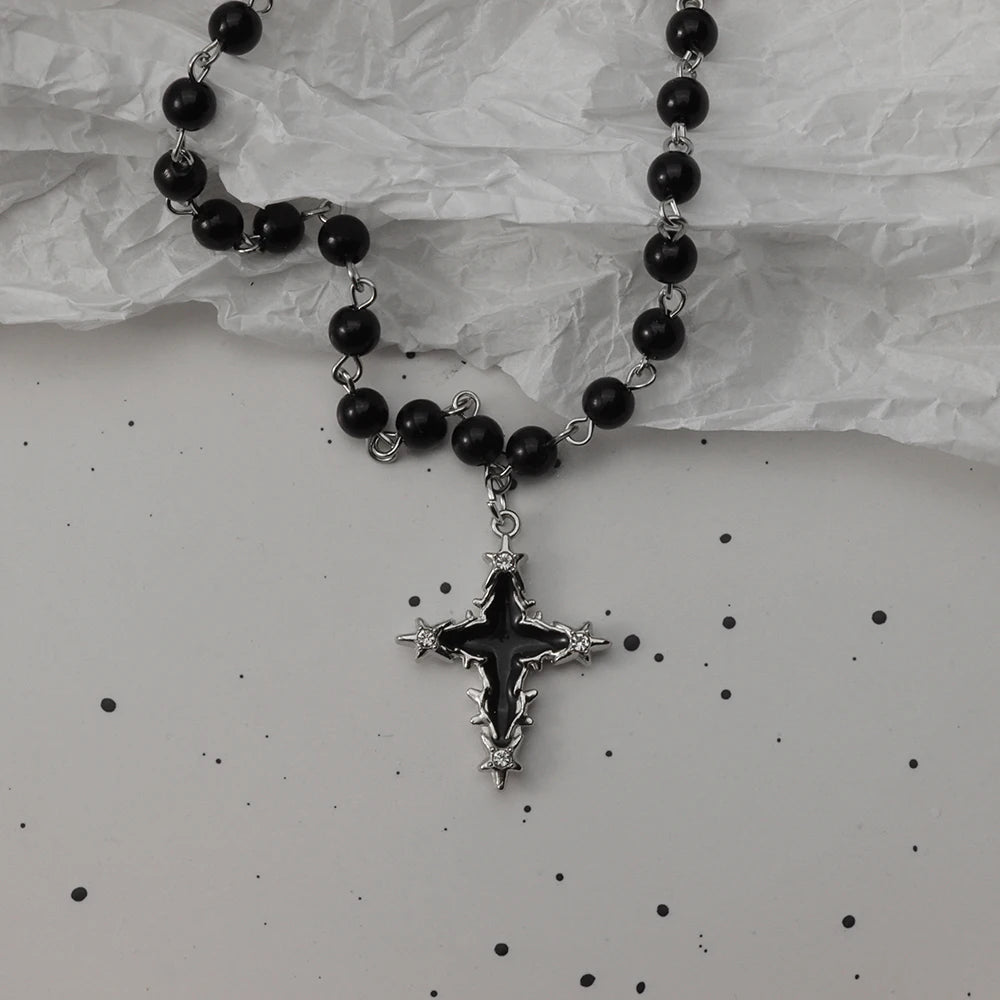 Gothic Bat Cross Necklace Set - Y2K Thorn Love Black Beaded Layered Jewelry for Halloween Parties