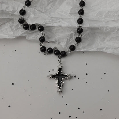 Gothic Bat Cross Necklace Set - Y2K Thorn Love Black Beaded Layered Jewelry for Halloween Parties