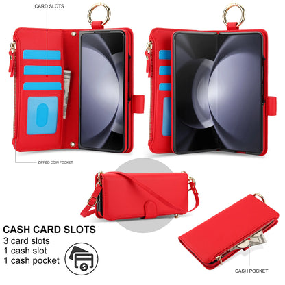 Crossbody Leather Wallet Case with Card Slots, Zipper & Kickstand for Samsung Galaxy Z Fold 3/4/5/6 – Wristband & Ring Holder