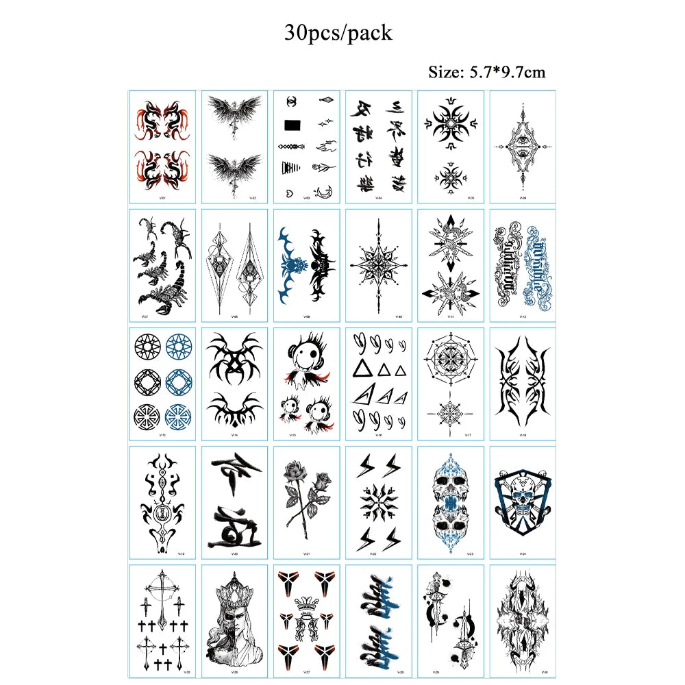 30pcs Black Temporary Tattoo Stickers - Flower Butterfly Rose Moon Star Mandala Designs for Hand, Chest & Body Art