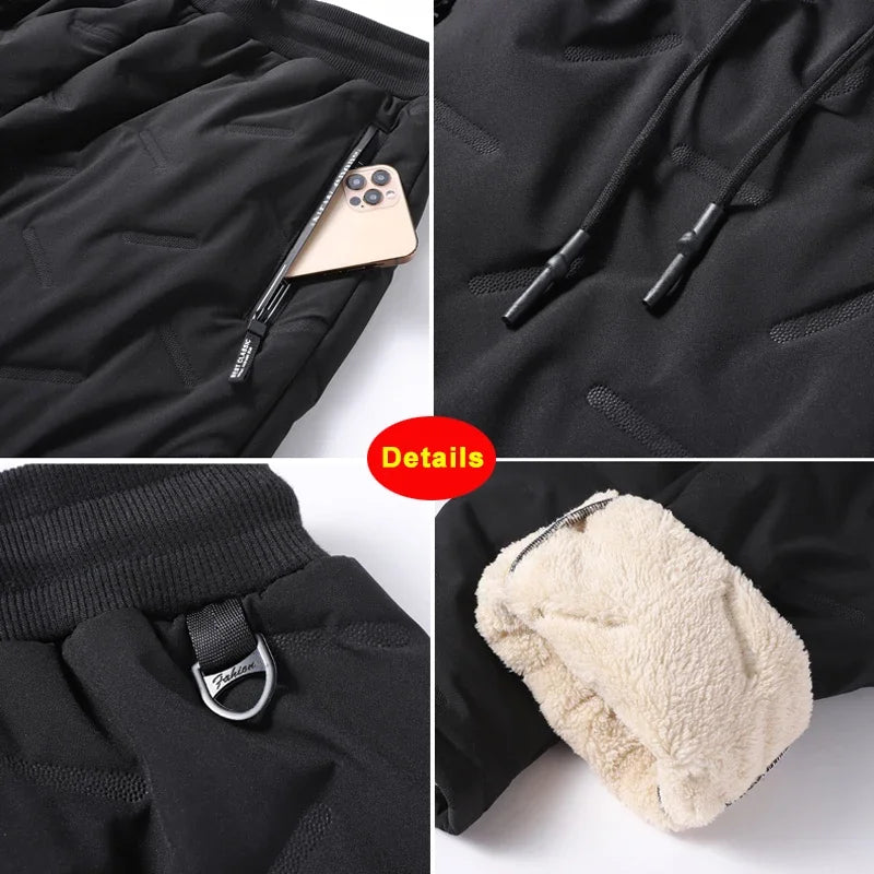 Men’s Winter Down Cotton Pants — Waterproof Thickened Wool Jogger with Zipper Pockets, Warm Outdoor Ski Pants, 7XL