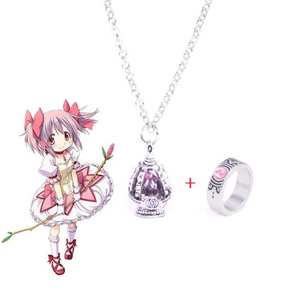 Puella Magi Madoka Magica Soul Gem Jewelry Set - Anime Cosplay Pendant Necklace and Ring Accessories for Kaname Madoka and Miki Sayaka Fans