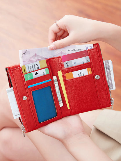 Women’s PU Leather Short Double Zipper Wallet – Simple Solid Color, Large Capacity Credit Card Holder with Coin Pocket