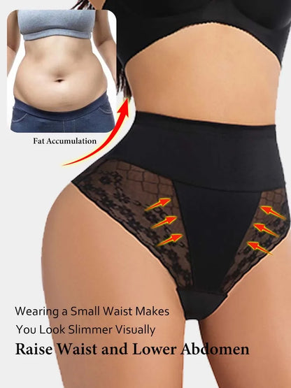 Women’s High-Waist Tummy Control Shapewear - Lace Slimming Body Shaper Briefs with Flat Belly Support and Thong Design