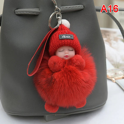 Pompom Sleeping Baby Keychain - Fluffy Plush Doll Keyring for Bags, Cars & Gift Decoration