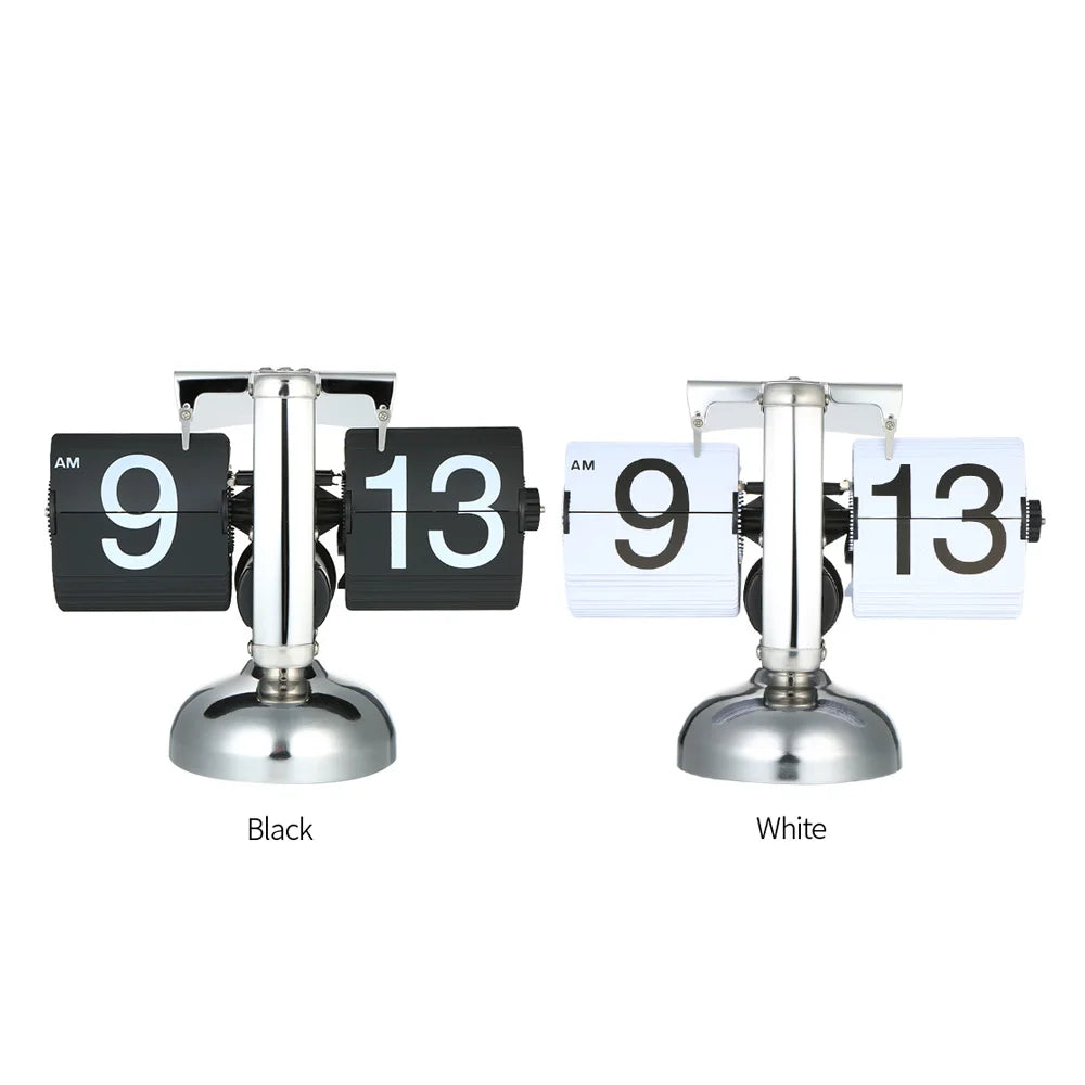 Small Retro Flip Clock – Stainless Steel Gear-Operated Table Clock, Black/White Quartz Design