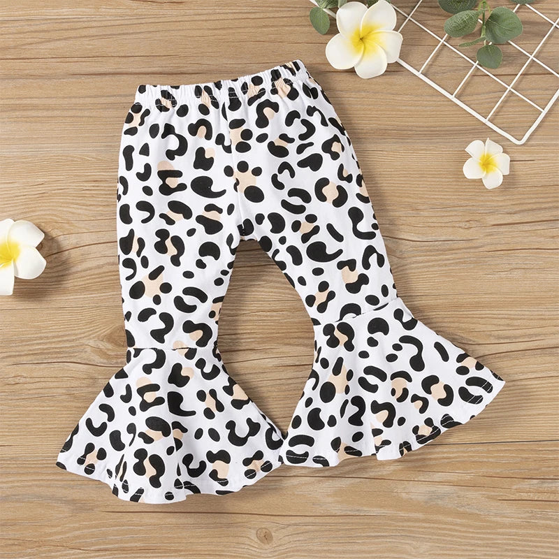 2PCS Baby Girl Clothes Set - Black Pullover Top & Leopard Print Bell-Bottoms, Autumn Outfit for 2-8 Years Old