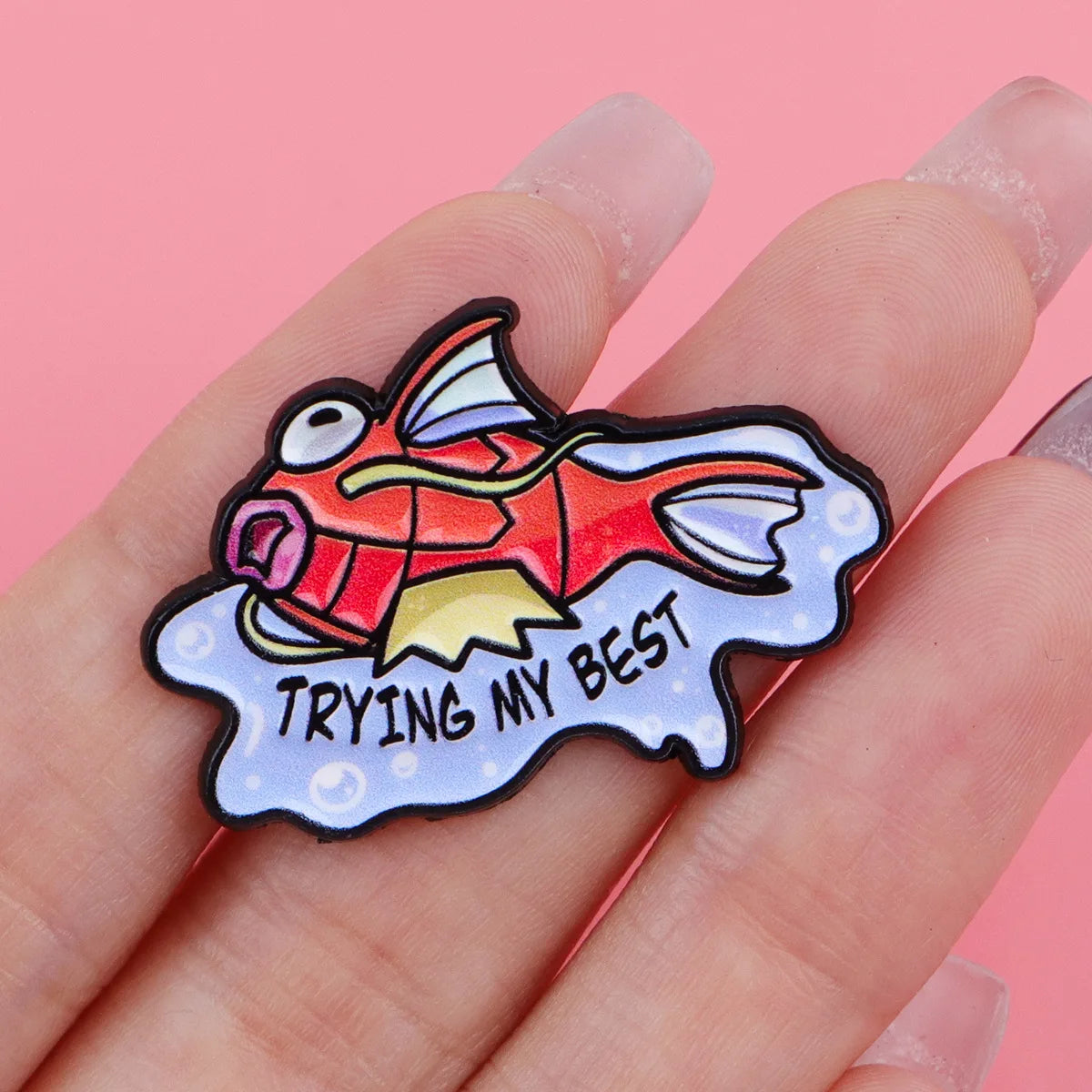 Trying the Fish Enamel Pin - Cute Cartoon Fish Metal Brooch Badge for Clothing, Bags and Gifts