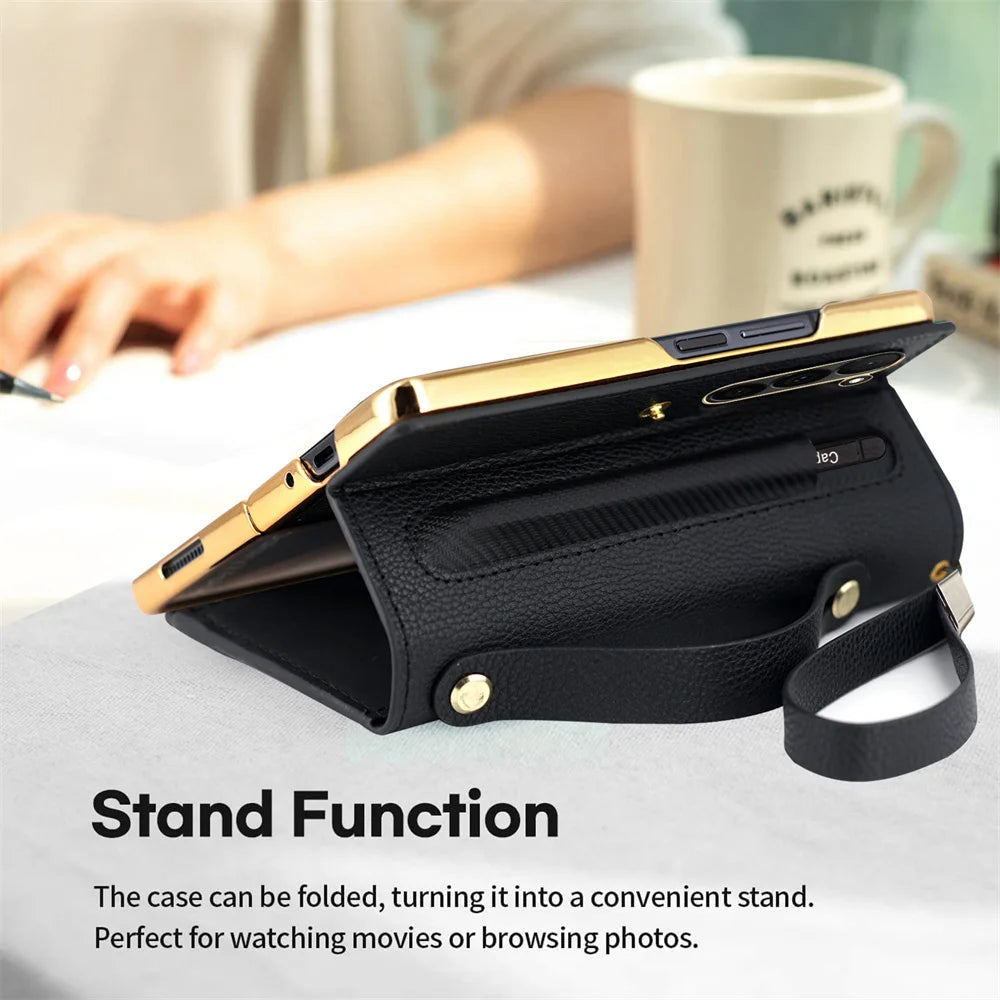 Leather Card Wallet Case with S Pen Slot for Samsung Galaxy Z Fold 6/5/4/3/2 — Multifunctional Zipper Protection Cover