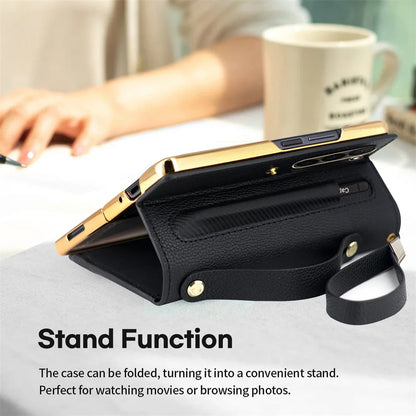 Leather Card Wallet Case with S Pen Slot for Samsung Galaxy Z Fold 6/5/4/3/2 — Multifunctional Zipper Protection Cover