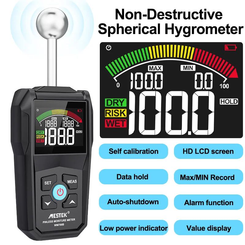 Digital Wood Moisture Meter - Non-Contact Hygrometer, Timber Damp Detector with Alarm, Non-Destructive Humidity Tester
