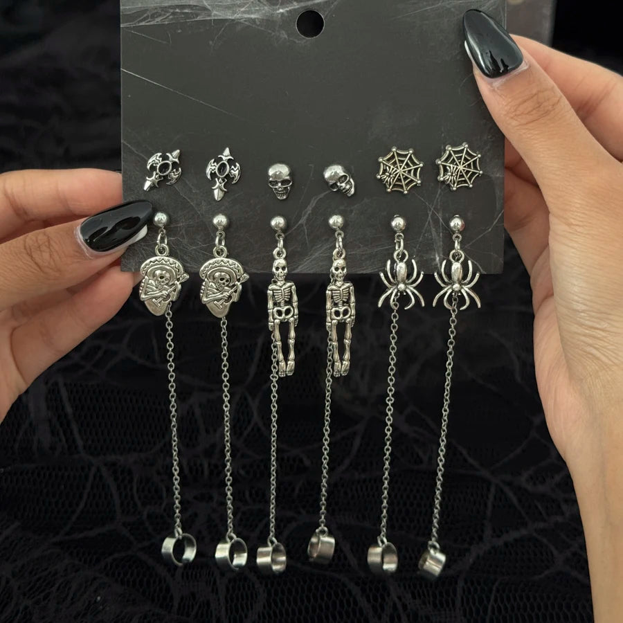 Halloween Crystal Skull Spider Drop Earrings - Gothic Red Crystal Cross and Rose Metal Earrings for Women