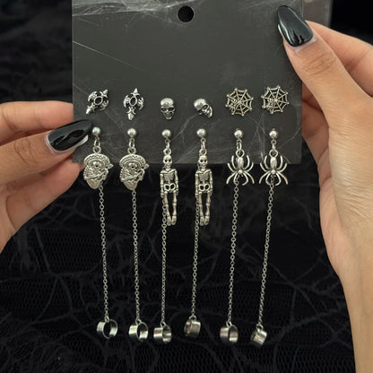 Halloween Crystal Skull Spider Drop Earrings - Gothic Red Crystal Cross and Rose Metal Earrings for Women
