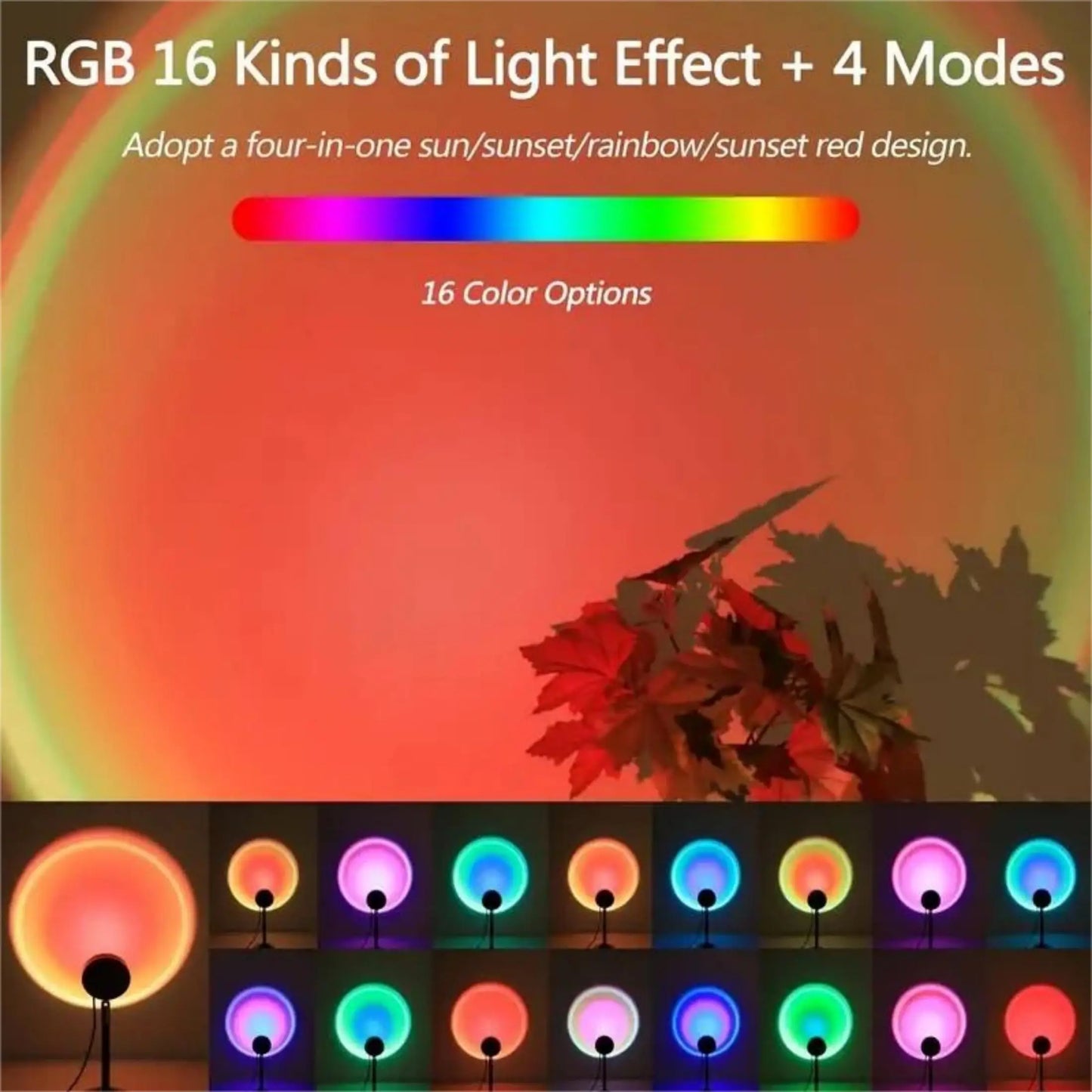Vibrant Sunset Projection Light - 16 Color Spectrum LED with USB Remote Control, Dynamic Color Changing Light for Warm Home Ambiance