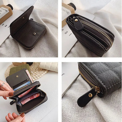 Women’s Small PU Leather Zipper Wallet with Coin Purse – Cute Plaid Mini Korean Card Holder, New Arrival