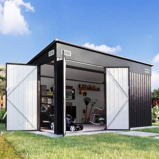 11.5'x7.5' Outdoor Metal Storage Shed – Triple Lockable Door with Sloping Roof for Tools & Bicycles