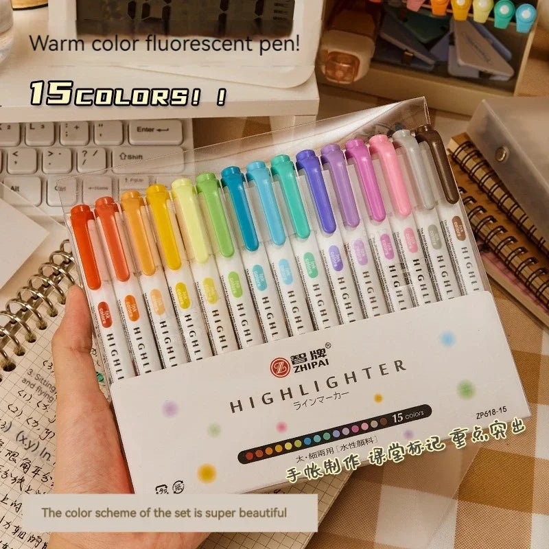 5-Color Double-Ended Highlighter Pen Set - Cute Pastel Fluorescent Markers for Drawing, Art, and Japanese-Style Stationery