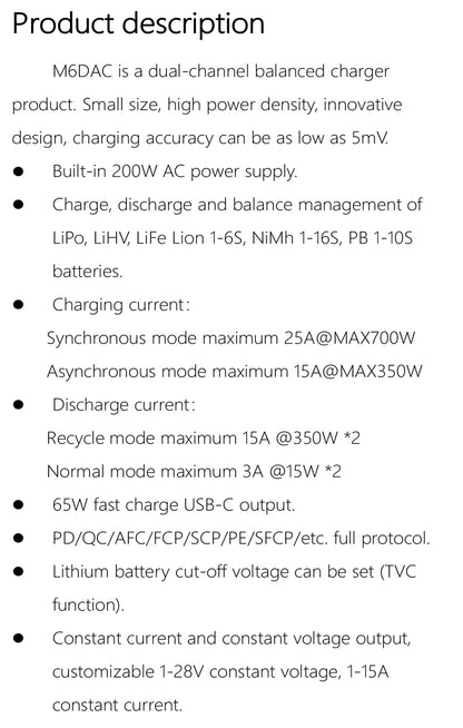 ToolkitRC M6DAC Dual Channel Smart LiPo Battery Charger – 200W AC, 350W DC x2, 15A for 1-6S LiHV PD 65W Discharger
