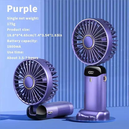 Handheld Mini Fan – 3000mAh Foldable Portable Desk & Neck Hanging Fan with 5 Speeds, USB Rechargeable & Phone Stand Display