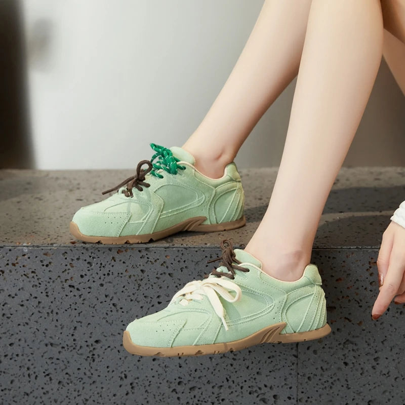 DIMANYU Women’s Genuine Leather Gump Shoes – 2025 Spring Retro Lace-Up Non-Slip Casual Sneakers
