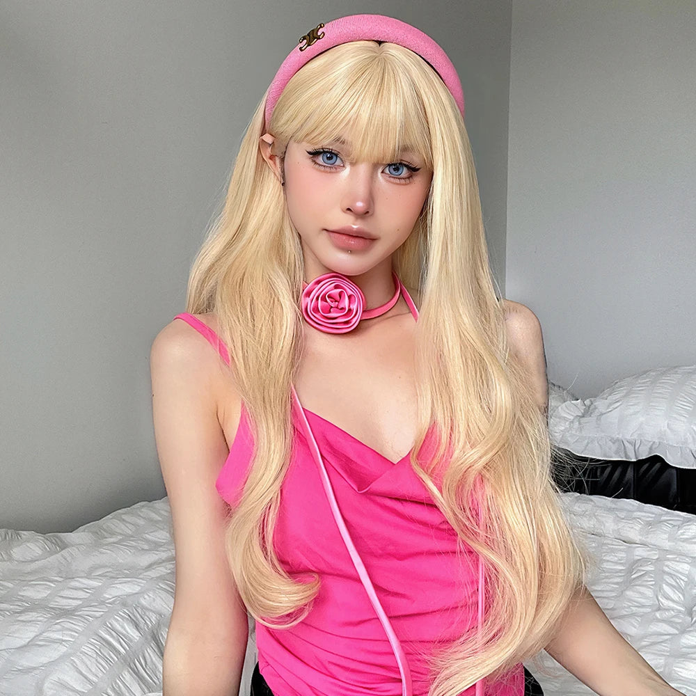 Long Blonde Wavy Synthetic Wig with Bangs – Lolita Cosplay & Halloween Heat-Resistant Wig for Women