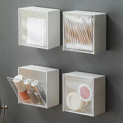 Wall-Mounted Plastic Storage Boxes - Dustproof Bathroom Organizer for Cotton Swabs, Makeup, Small Jewelry, Adhesive Holder Box