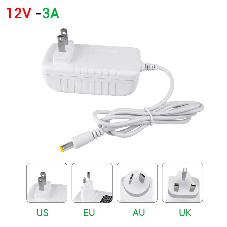 12V DC Power Supply Adapter - AC 100-240V to DC 12V 1A/2A/3A LED Driver with EU, US, UK & AU Plugs