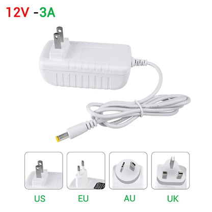 12V DC Power Supply Adapter - AC 100-240V to DC 12V 1A/2A/3A LED Driver with EU, US, UK & AU Plugs