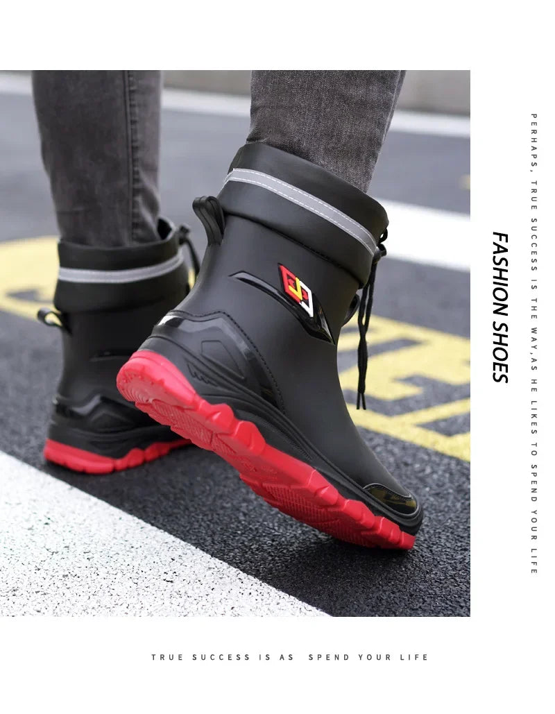 Men’s Ankle-High Fleece-Lined Rain Boots – Waterproof, Anti-Slip, Wear-Resistant Work & Fishing Shoes
