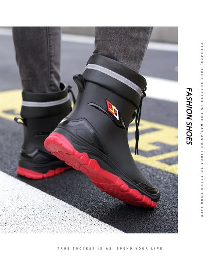 Men’s Ankle-High Fleece-Lined Rain Boots – Waterproof, Anti-Slip, Wear-Resistant Work & Fishing Shoes