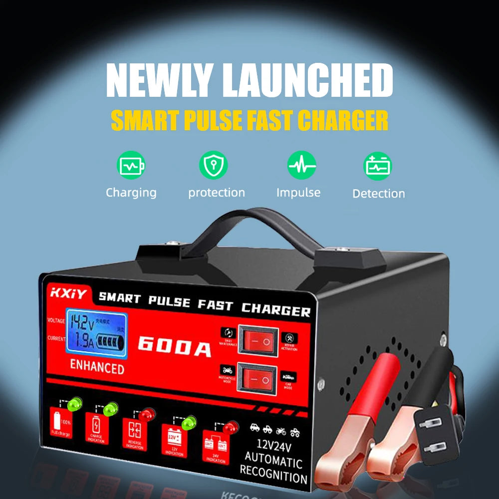 12V/24V Smart Car Battery Charger with LCD Display – 600A Intelligent Pulse Repair Maintainer