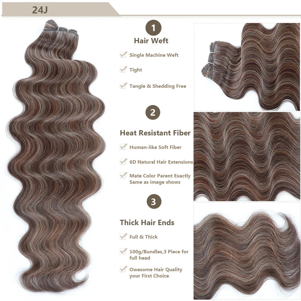 Highlight Gold Bio Body Wave Hair Weave Bundles – 26"/30" Synthetic High Temperature Soft, Natural Human-Like Fiber Hair Extensions