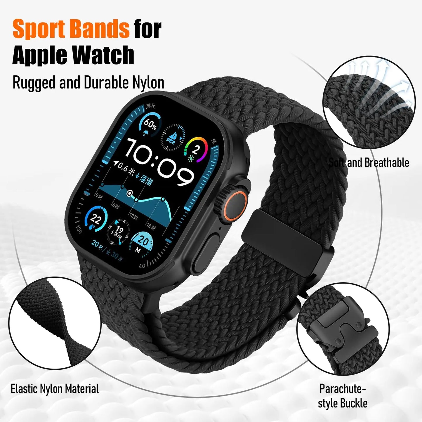 Parachute Braided Strap for Apple Watch – Compatible with 46mm, 45mm, 44mm, 41mm, Series 10/9/8, SE, Ultra 2, 49mm