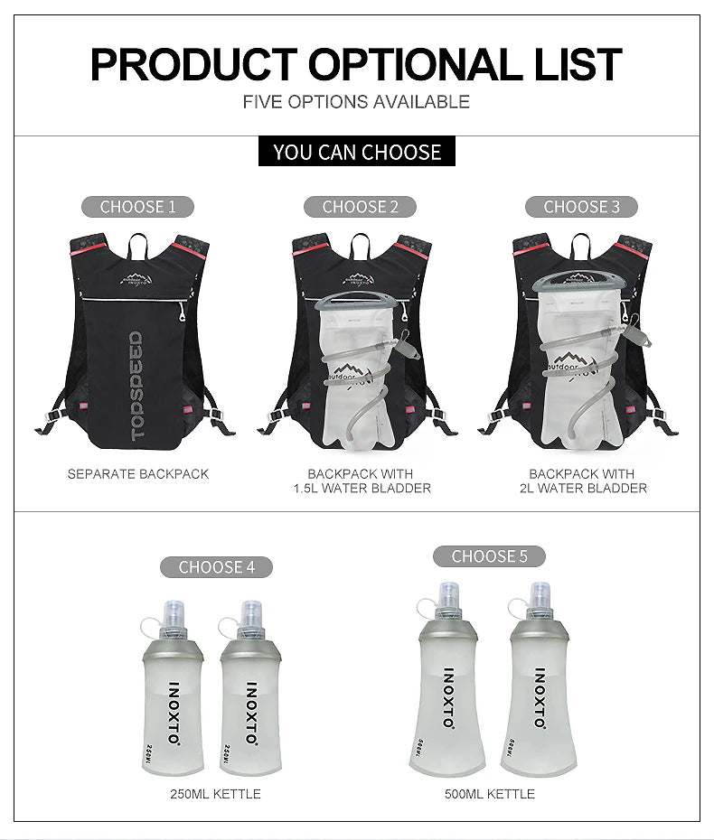 INOXTO 5L Trail Running Backpack - Ultra-Light Hydration Vest for Marathon & Cycling with 1.5L/2L Water Bag