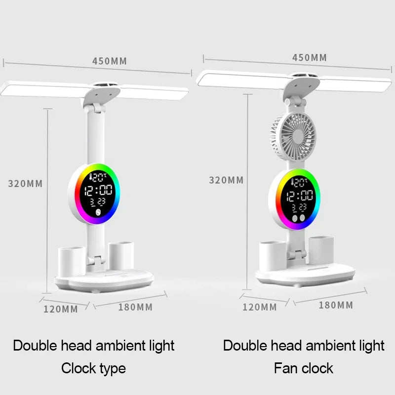 LED Desk Lamp with Fan & Clock - Adjustable Brightness Reading and Study Light