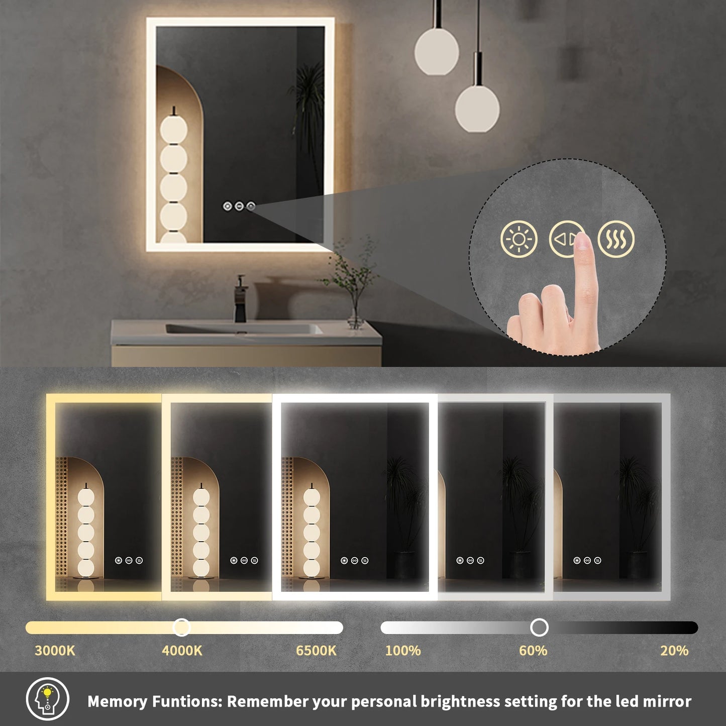 16x20 inch LED Lighted Bathroom Mirror – Wall-Mounted Vanity Mirror with Anti-Fog, Smart Touch Button & Memory Function