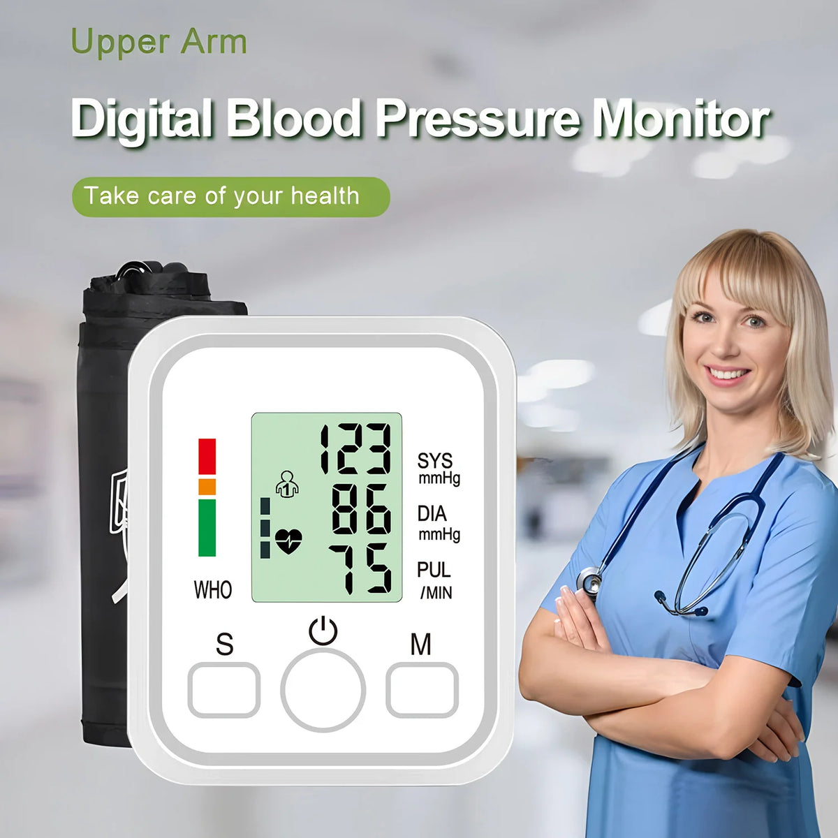 Automatic Upper Arm Blood Pressure Monitor – Digital BP Testing Kit with Pulse Rate Measurement for Home Health Monitoring