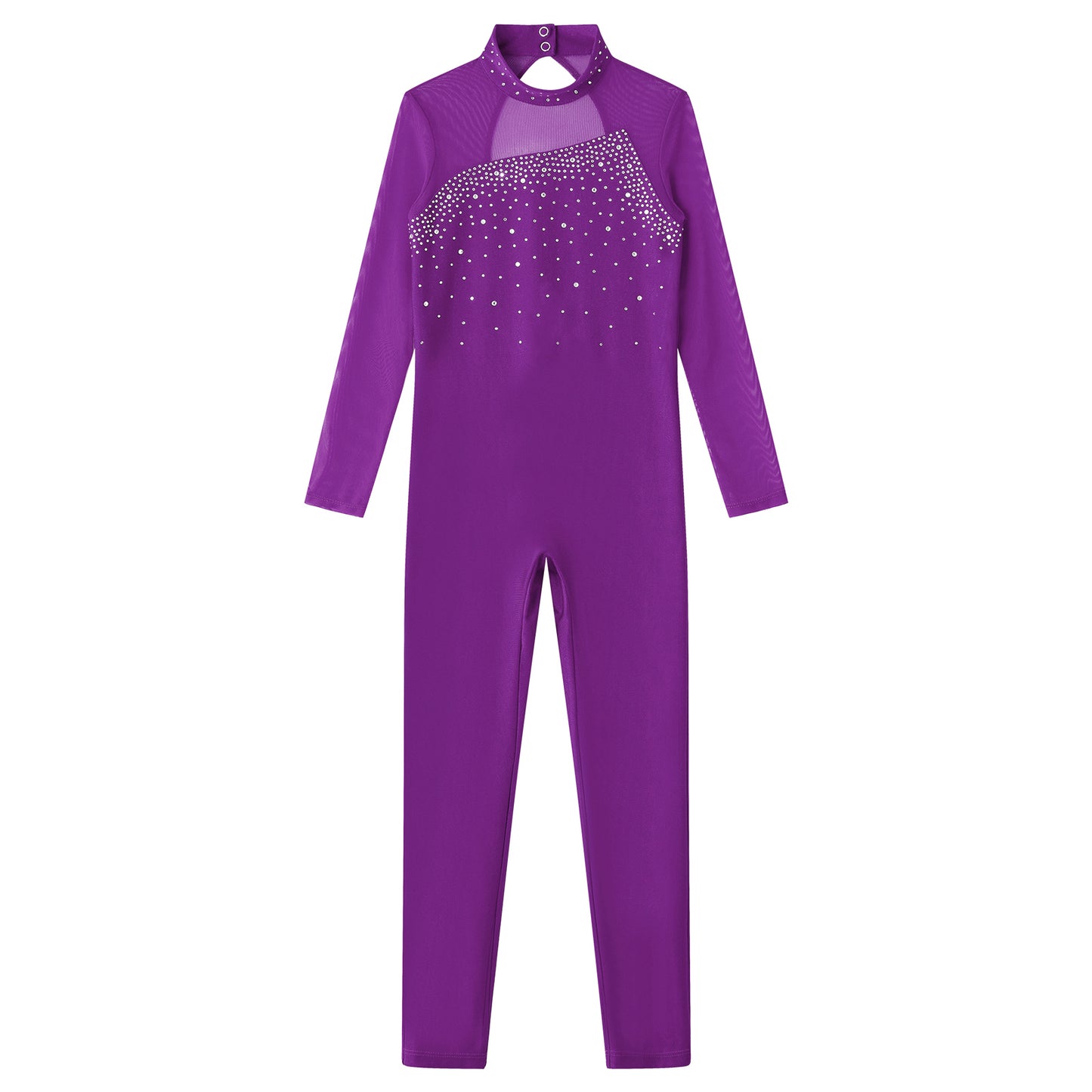 Kids Girls Long Sleeve Rhinestone Bodysuit — Full Body Dancewear Gymnastics Leotard Skating Jumpsuit