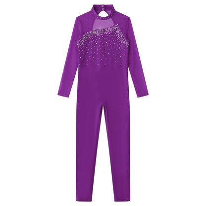 Kids Girls Long Sleeve Rhinestone Bodysuit — Full Body Dancewear Gymnastics Leotard Skating Jumpsuit