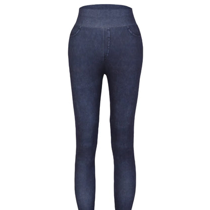 Women's Faux Denim Yoga Leggings - High Waist Stretch Fitness & Workout Skinny Tights